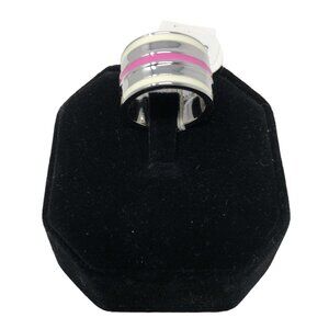 Avon Ring Silvertone Pink White Enamel Striped‎ Fashion Band Size 5